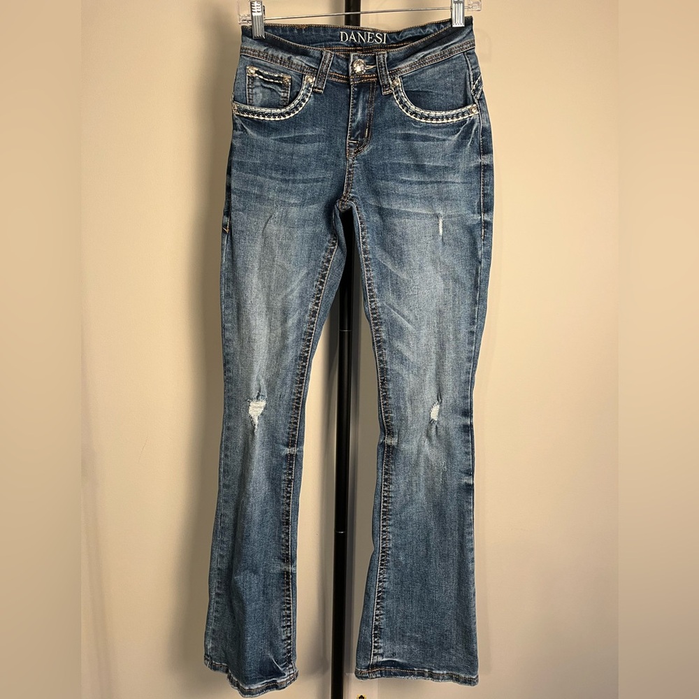 Danesi Bling Thick Stitch Embroidery Wing Cross Western Boot Cut Blue Jeans Sz 3